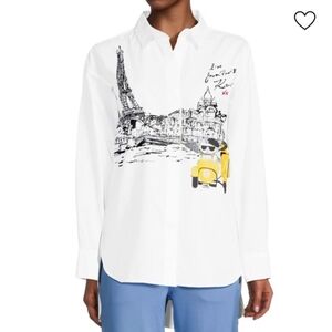Karl Lagerfeld Paris Karl and Choupette Scooter Graphic Blouse Shirt Women SizeS